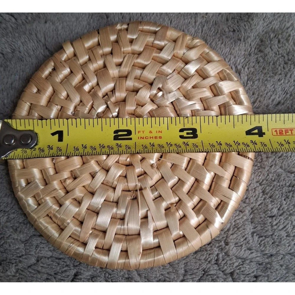 Vintage Handwoven Rattan Coaster Set of 6 with Round Lidded Basket Holder Boho